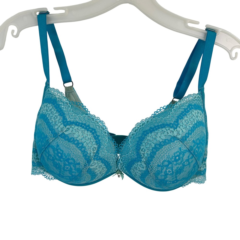 Victorias Secret Teal Blue Floral Lace Plunge Padded Underwire Bra 36DD